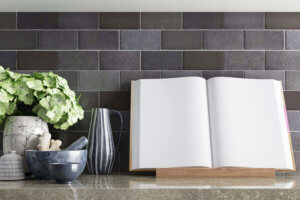 Cookbook display in the kitchen